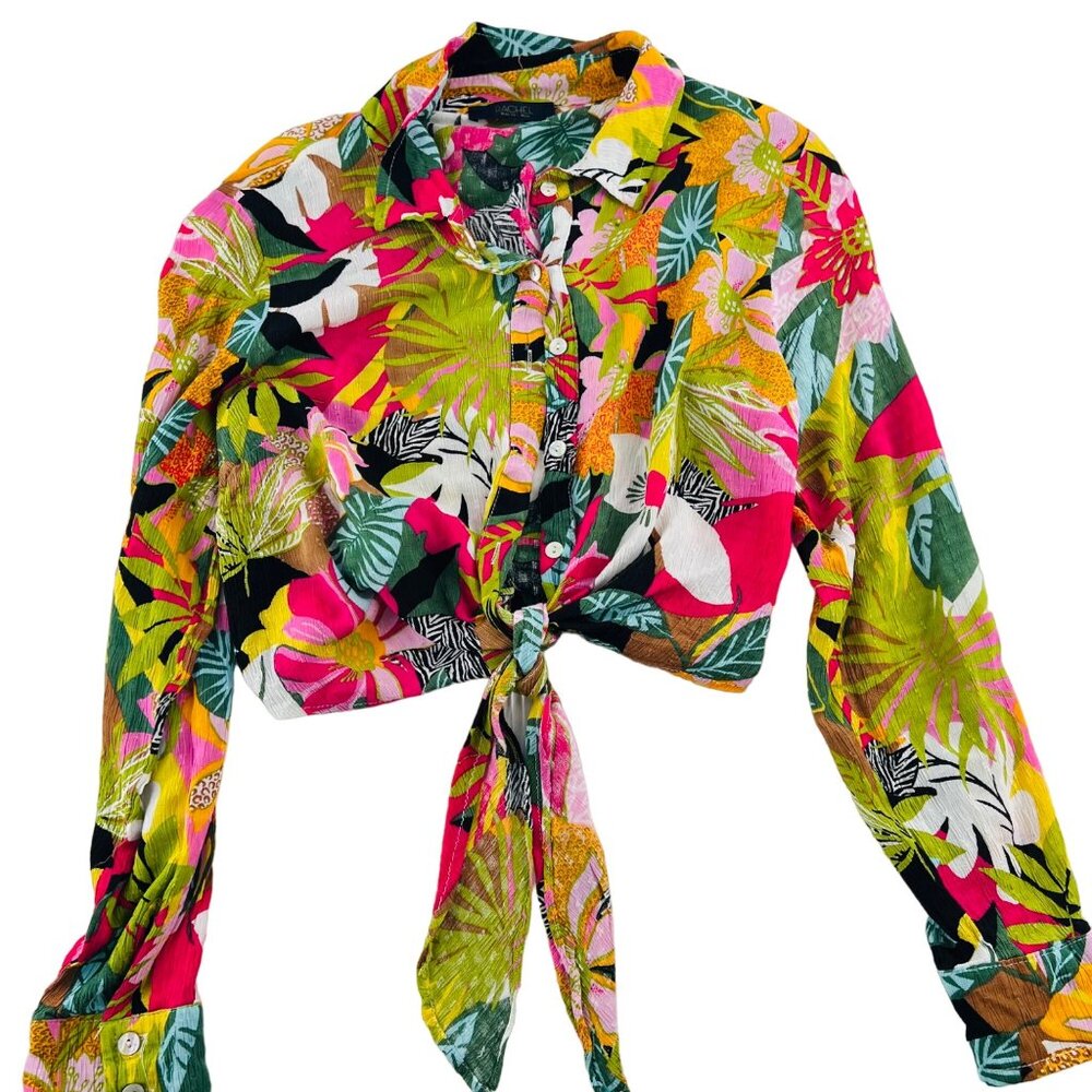 RACHEL Rachel Roy Tropical Tie-Front Blouse in Pink, Green, Yellow
